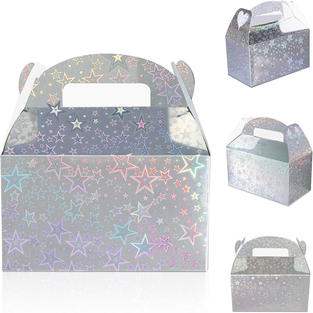 24-Pack Iridescent Star Party Favor Boxes – Holographic Gable Treat Boxes for Candy, Snacks, Gifts, Birthdays, Baby Showers, Weddings